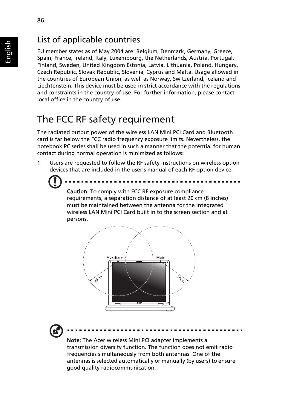 The fcc rf safety requirement, List of applicable countries | Acer Aspire 4920 User Manual | Page 105 / 111