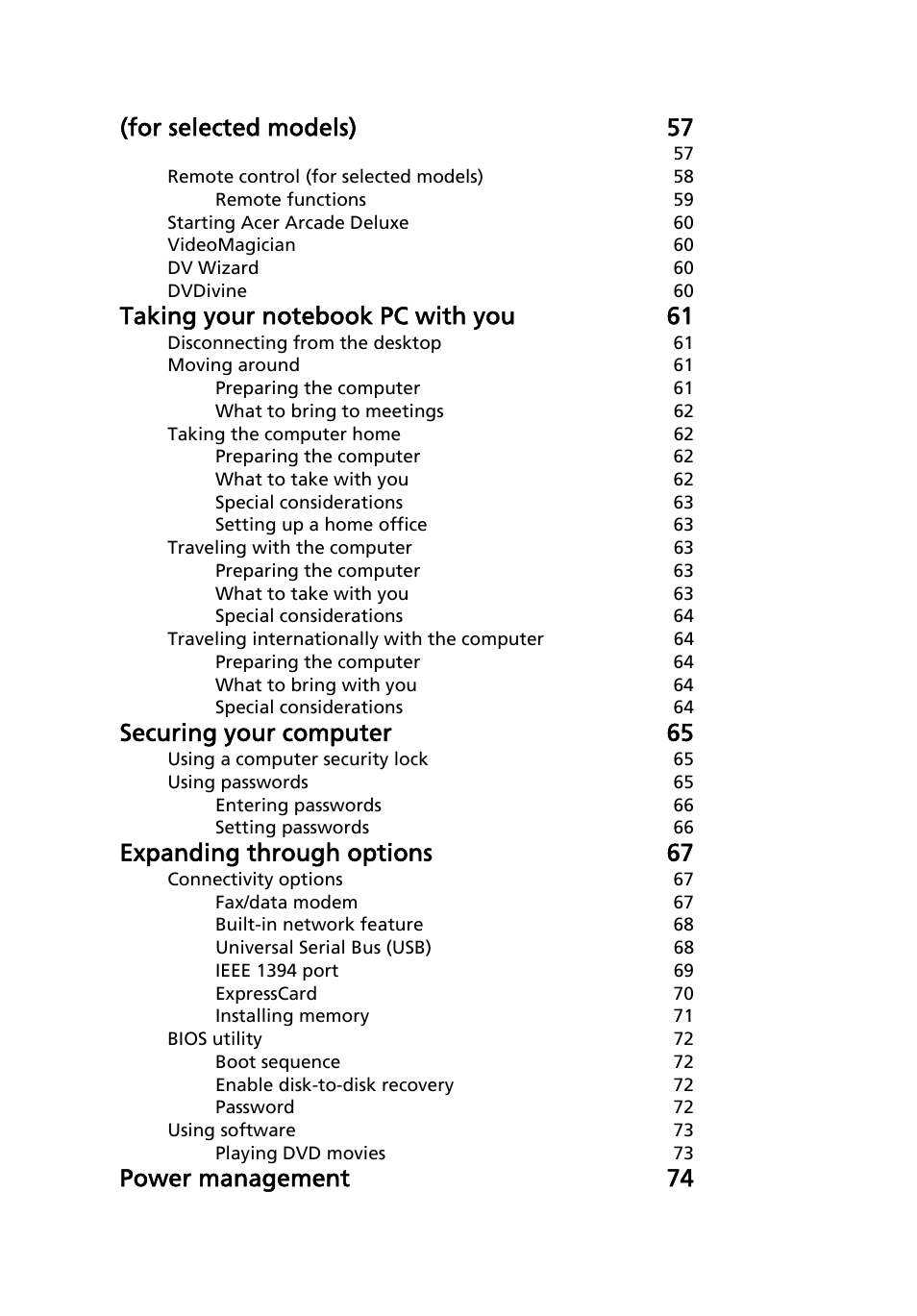 For selected models) 57, Securing your computer 65, Expanding through options 67 | Power management 74 | Acer Aspire 4920 User Manual | Page 18 / 111