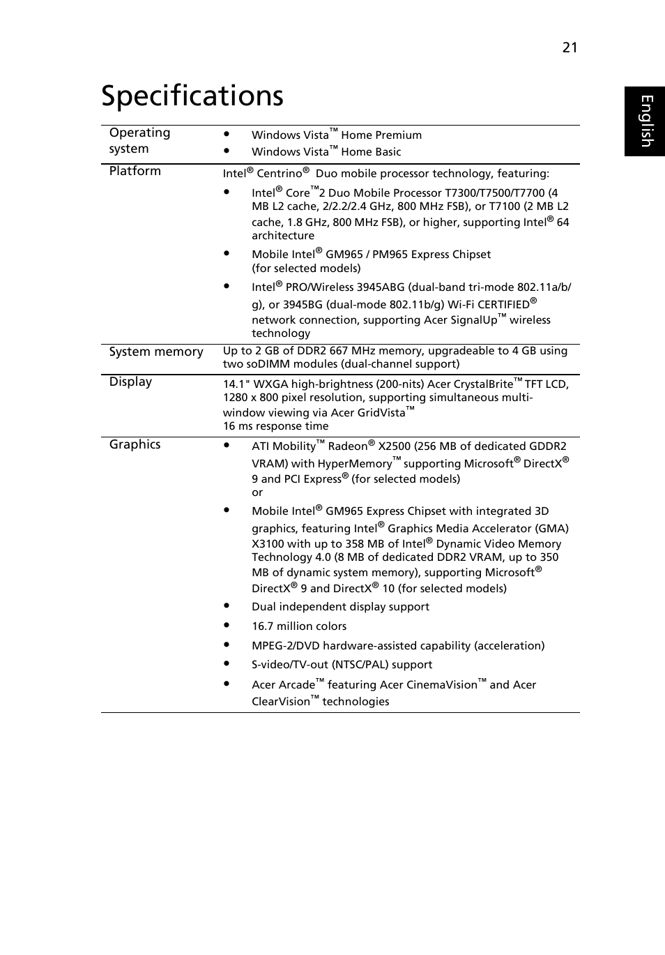Specifications, Eng lis h | Acer Aspire 4920 User Manual | Page 41 / 111