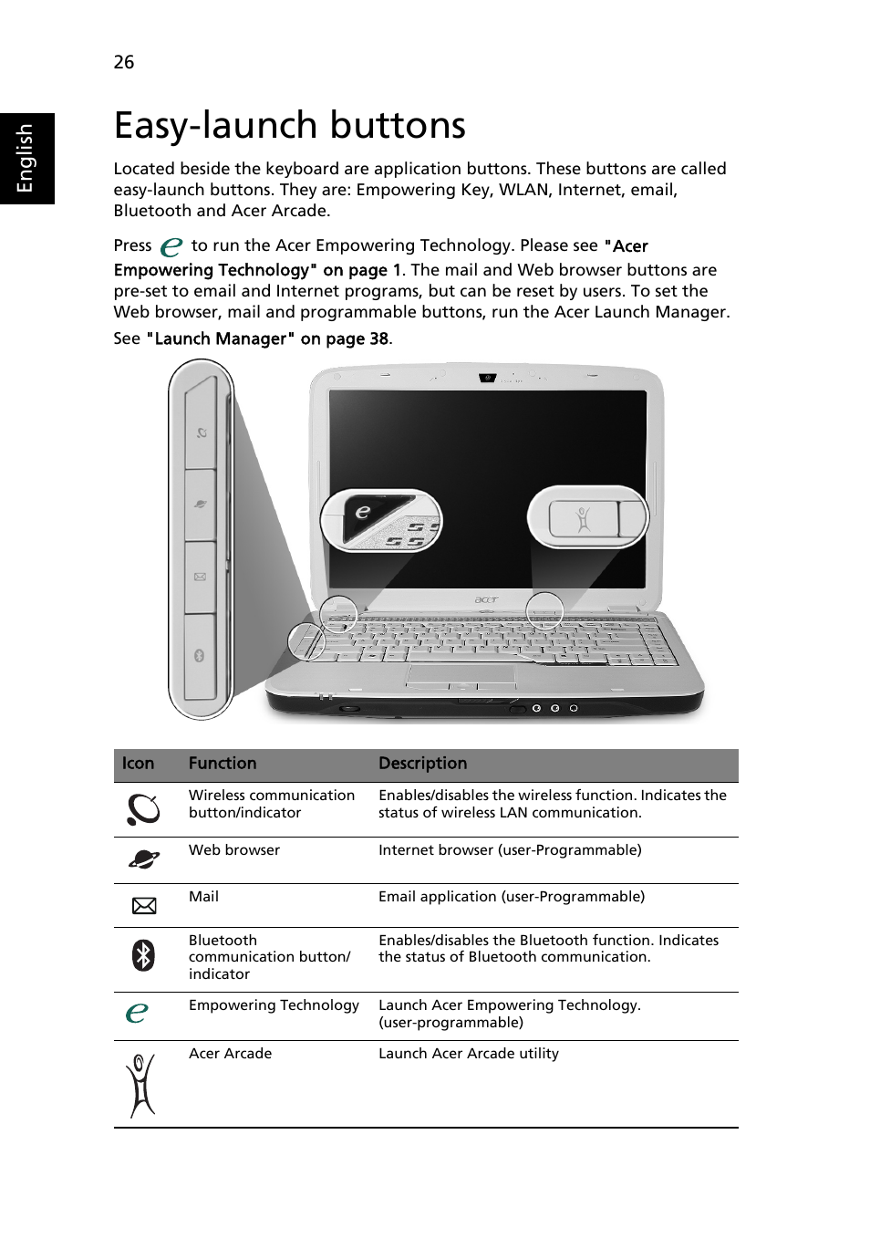 Easy-launch buttons, English | Acer Aspire 4920 User Manual | Page 46 / 111
