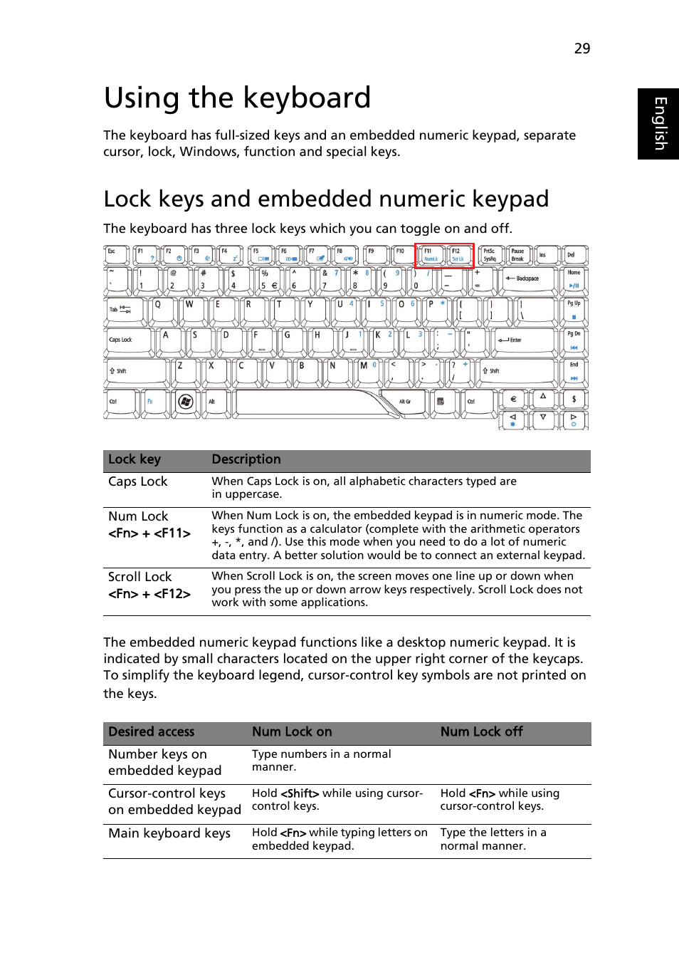 Using the keyboard, Lock keys and embedded numeric keypad | Acer Aspire 4920 User Manual | Page 49 / 111