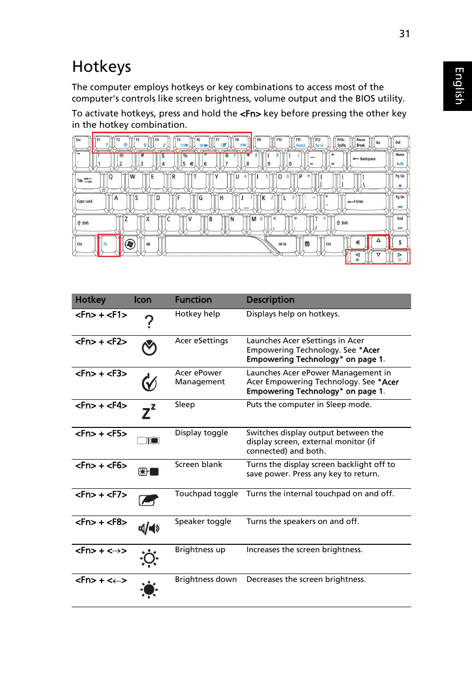Hotkeys, Eng lis h | Acer Aspire 4920 User Manual | Page 51 / 111