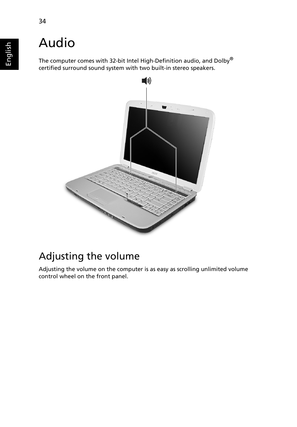 Audio, Adjusting the volume | Acer Aspire 4920 User Manual | Page 54 / 111