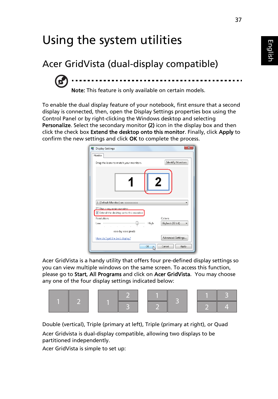 Using the system utilities, Acer gridvista (dual-display compatible) | Acer Aspire 4920 User Manual | Page 57 / 111