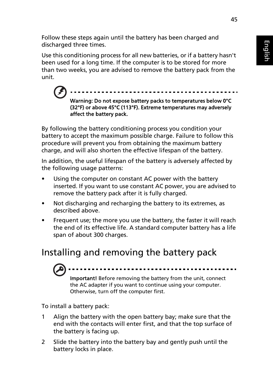 Installing and removing the battery pack, Charging the battery | Acer Aspire 4920 User Manual | Page 64 / 111