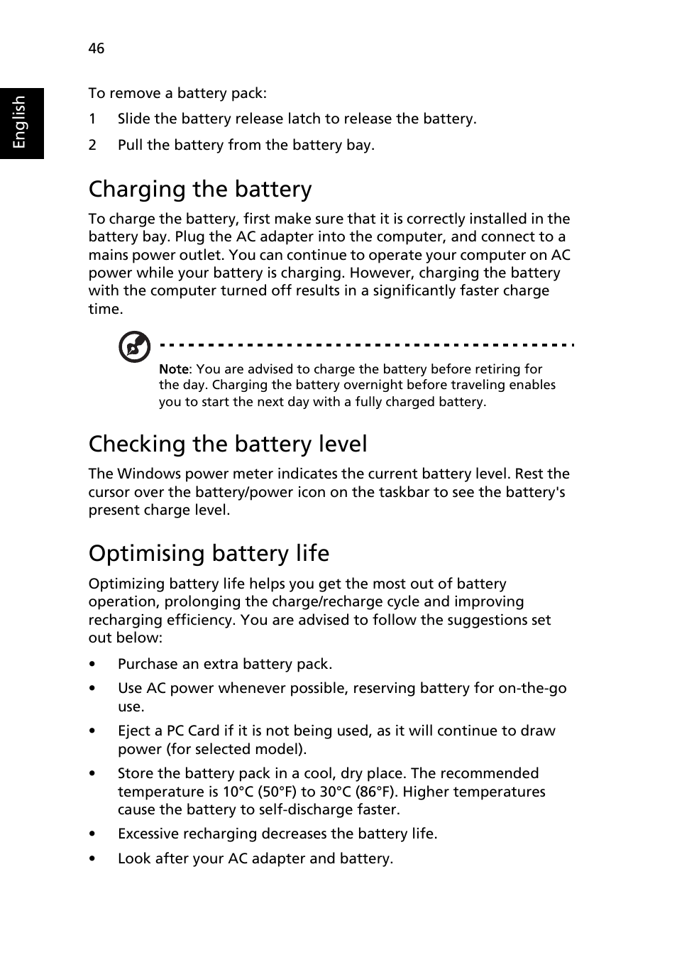 Charging the battery, Checking the battery level, Optimising battery life | Battery-low warning | Acer Aspire 4920 User Manual | Page 65 / 111