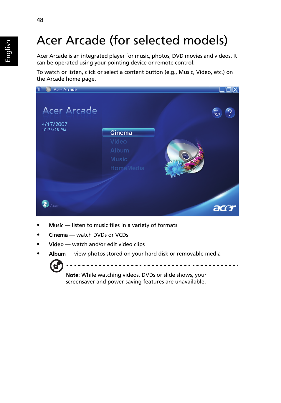 Acer arcade (for selected models), Finding and playing content | Acer Aspire 4920 User Manual | Page 67 / 111