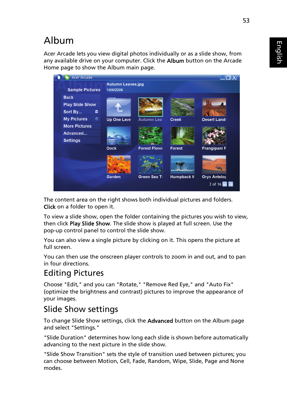 Album, Editing pictures, Slide show settings | Video | Acer Aspire 4920 User Manual | Page 72 / 111