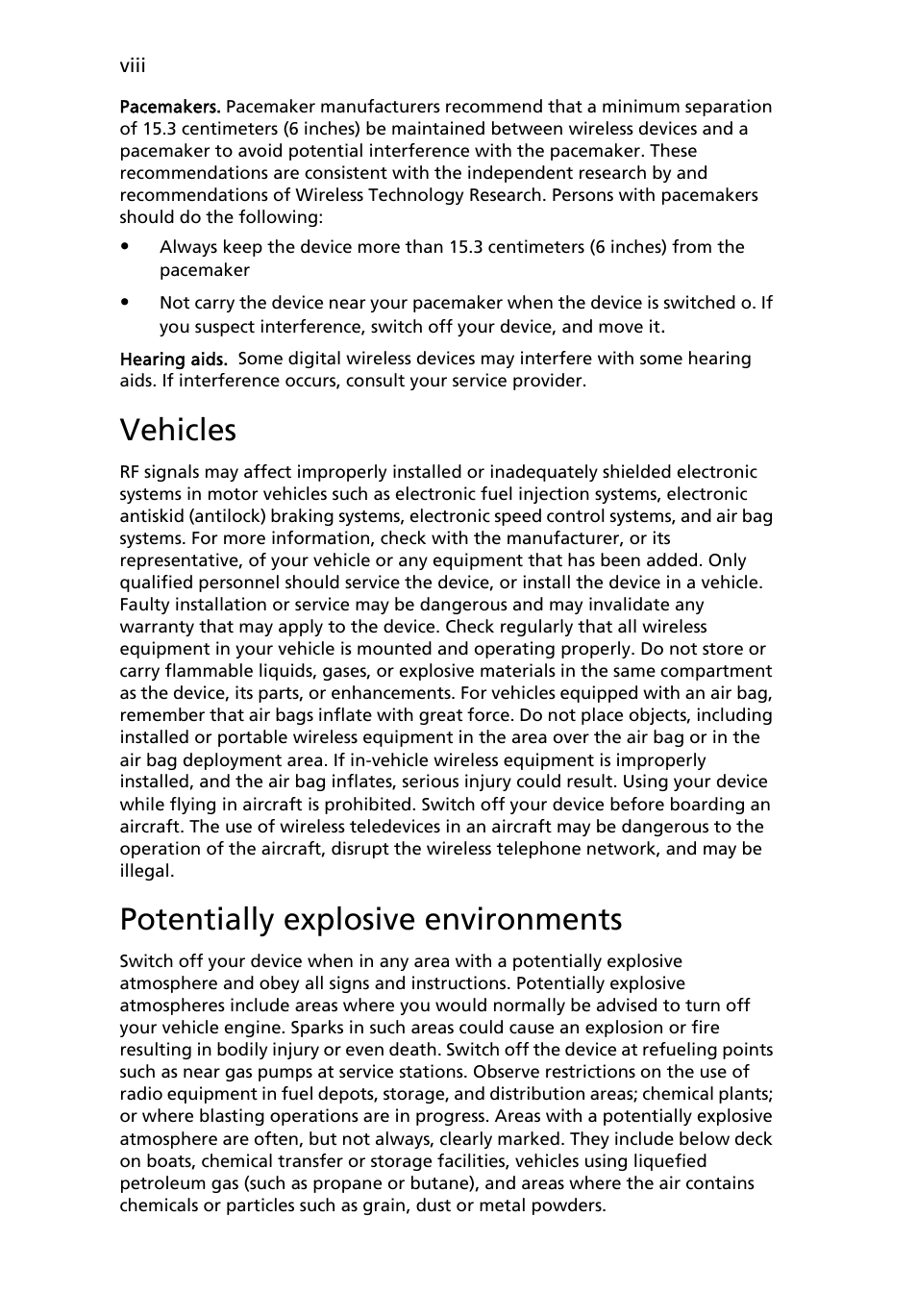 Vehicles, Potentially explosive environments | Acer Aspire 4920 User Manual | Page 8 / 111