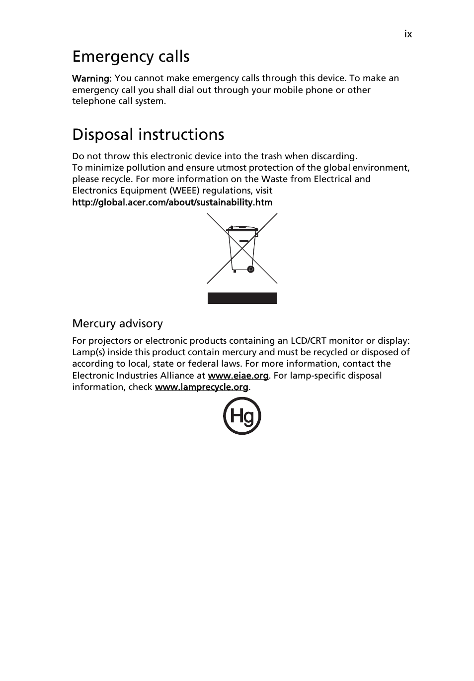 Emergency calls, Disposal instructions | Acer Aspire 4920 User Manual | Page 9 / 111