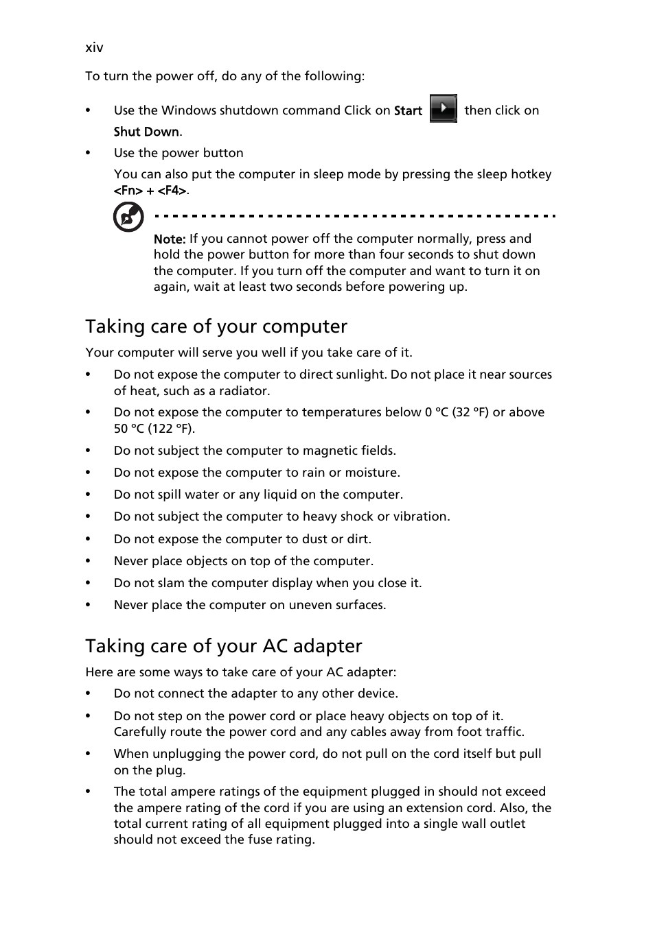 Taking care of your computer, Taking care of your ac adapter | Acer Aspire 5710 User Manual | Page 14 / 113