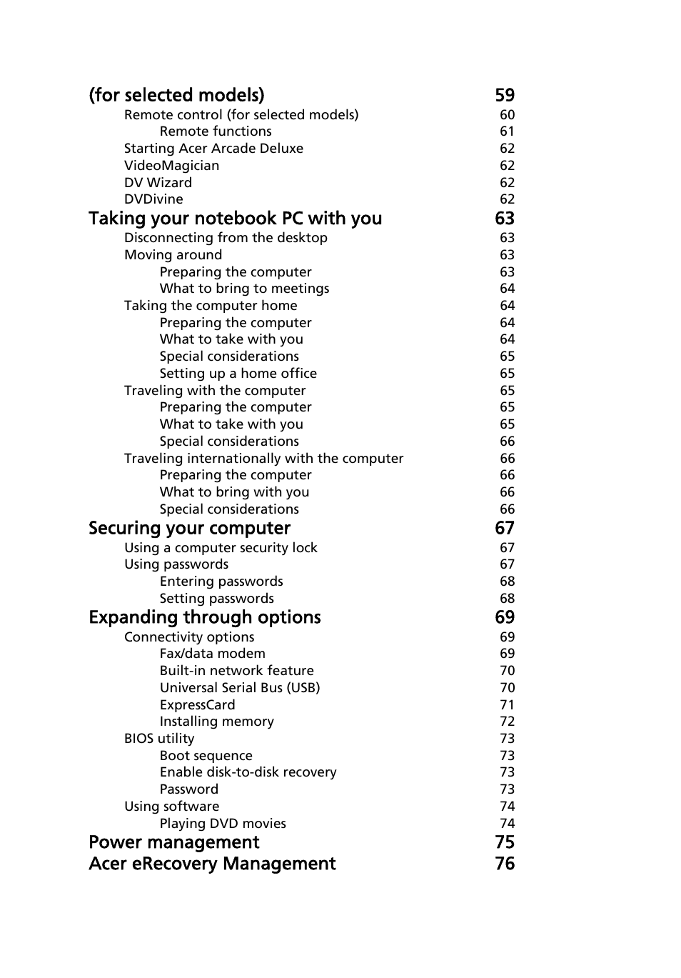 For selected models) 59, Securing your computer 67, Expanding through options 69 | Power management 75 acer erecovery management 76 | Acer Aspire 5710 User Manual | Page 18 / 113