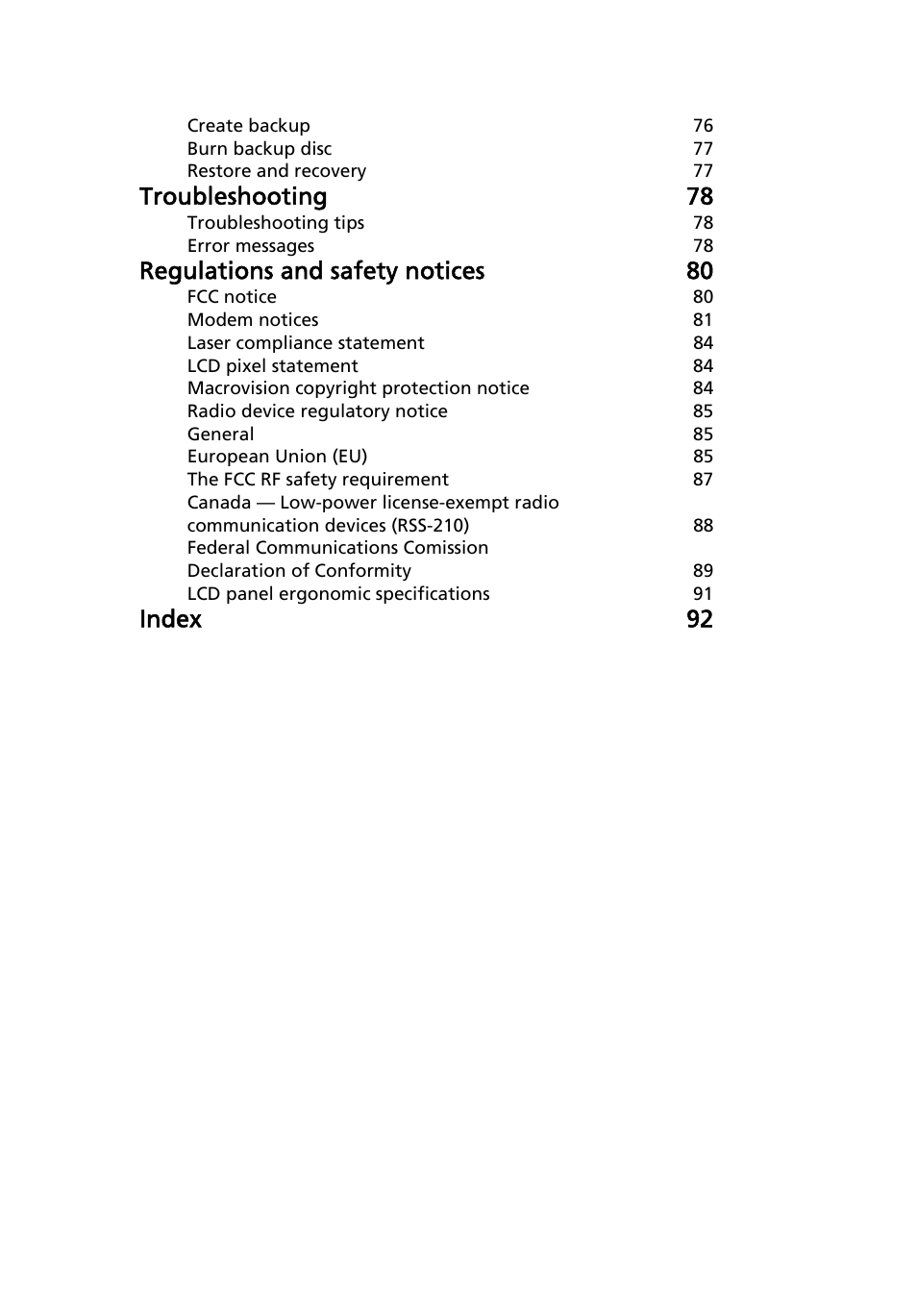 Troubleshooting 78, Regulations and safety notices 80, Index 92 | Acer Aspire 5710 User Manual | Page 19 / 113
