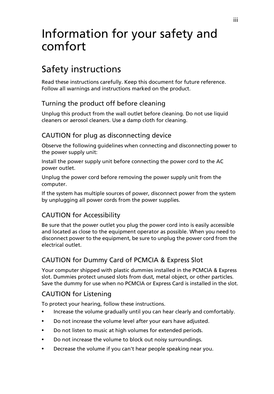 Information for your safety and comfort, Safety instructions | Acer Aspire 5710 User Manual | Page 3 / 113