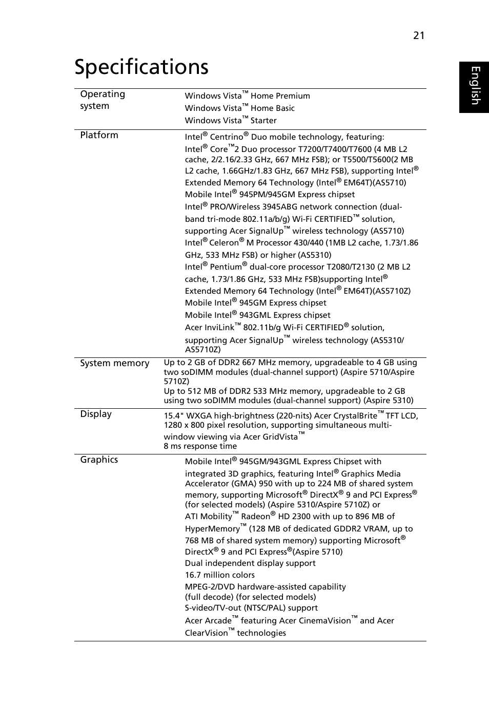 Specifications, Eng lis h | Acer Aspire 5710 User Manual | Page 41 / 113