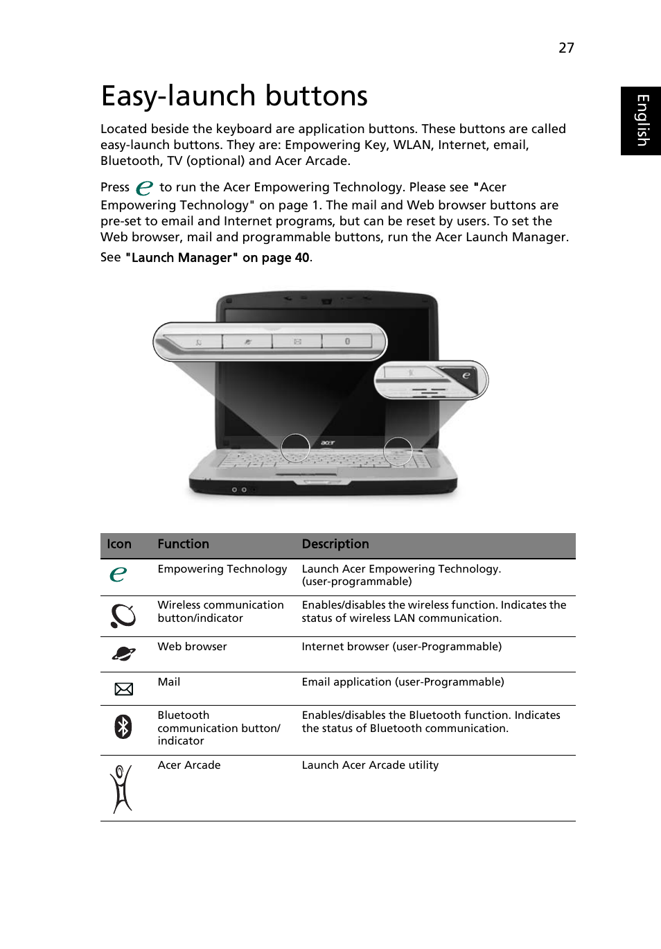Easy-launch buttons, Eng lis h | Acer Aspire 5710 User Manual | Page 47 / 113