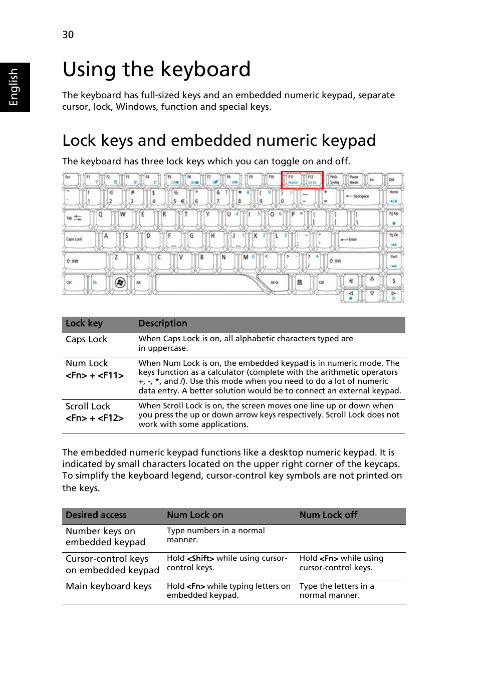 Using the keyboard, Lock keys and embedded numeric keypad | Acer Aspire 5710 User Manual | Page 50 / 113