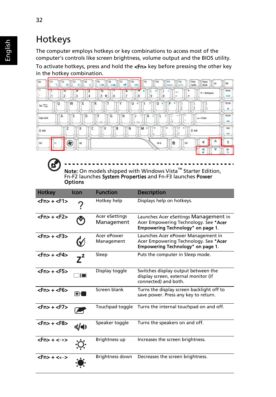 Hotkeys, English | Acer Aspire 5710 User Manual | Page 52 / 113