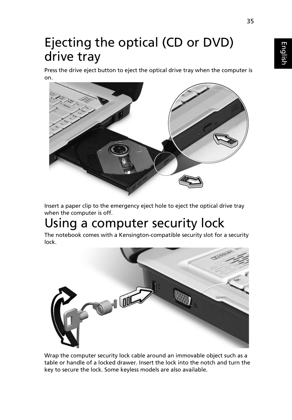 Ejecting the optical (cd or dvd) drive tray, Using a computer security lock | Acer Aspire 5710 User Manual | Page 55 / 113