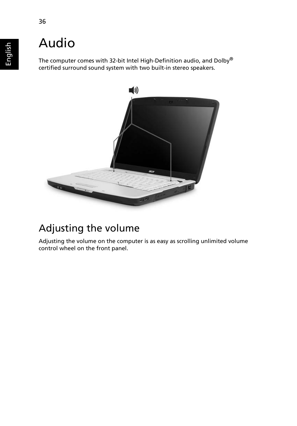 Audio, Adjusting the volume | Acer Aspire 5710 User Manual | Page 56 / 113