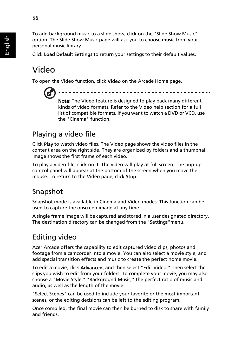 Video, Playing a video file, Snapshot | Editing video, Music | Acer Aspire 5710 User Manual | Page 76 / 113