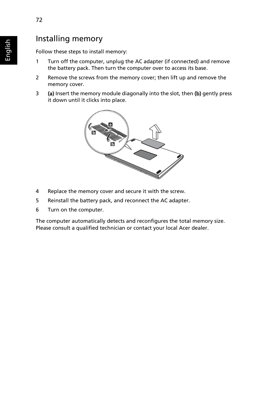 Installing memory | Acer Aspire 5710 User Manual | Page 92 / 113