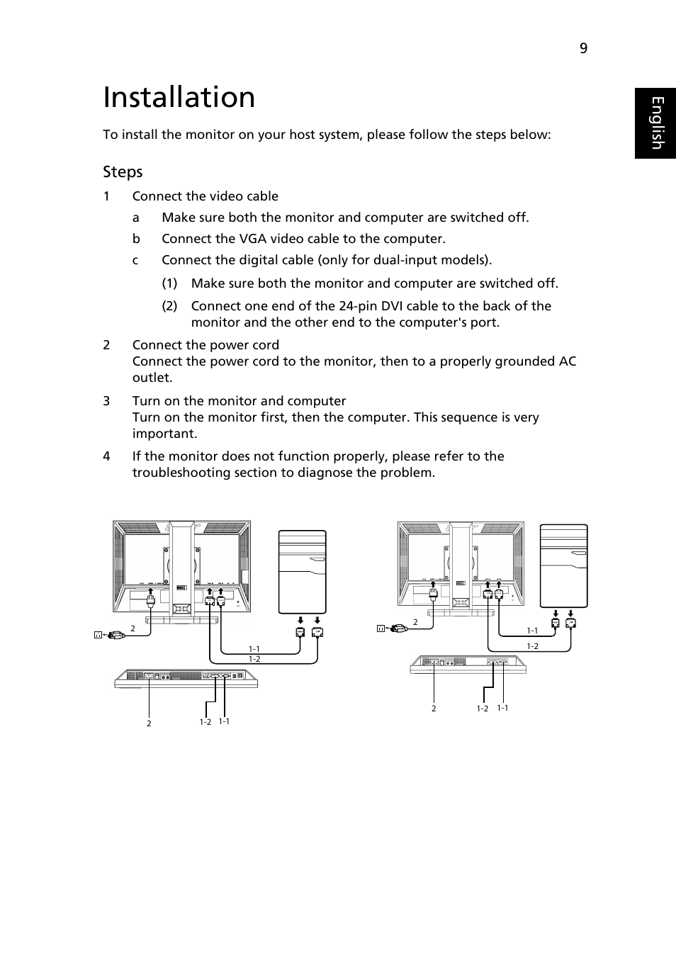 Installation, Eng lis h, Steps | Acer B223WL User Manual | Page 23 / 30