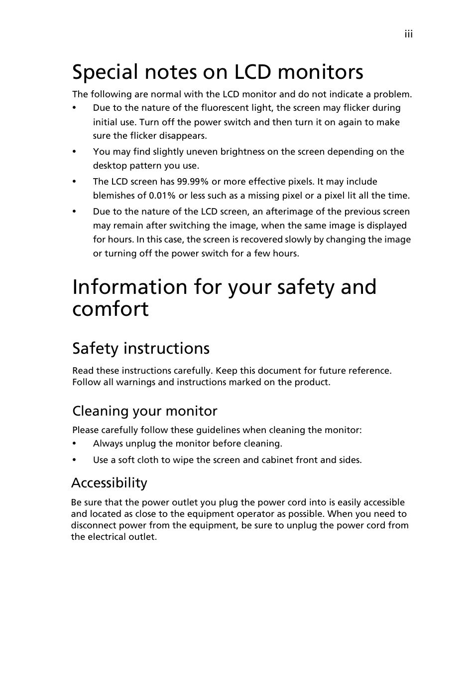 Information for your safety and comfort, Safety instructions, Cleaning your monitor | Accessibility | Acer B223WL User Manual | Page 3 / 30