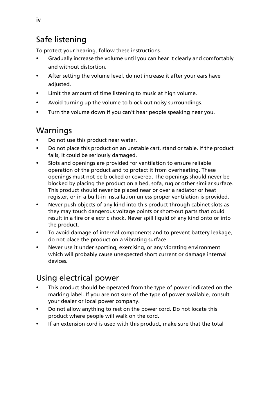 Safe listening, Warnings, Using electrical power | Acer B223WL User Manual | Page 4 / 30
