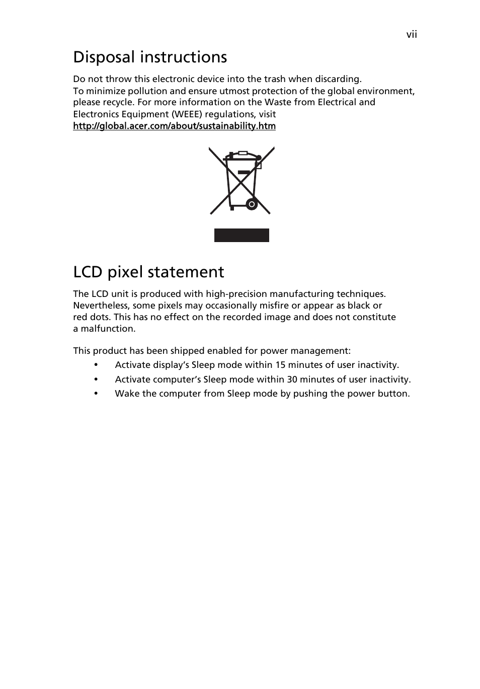 Disposal instructions, Lcd pixel statement | Acer B223WL User Manual | Page 7 / 30