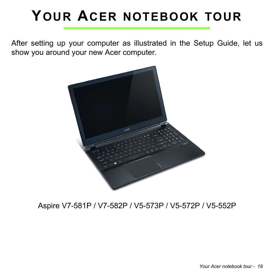 Your acer notebook tour | Acer Aspire V7-581 User Manual | Page 19 / 109