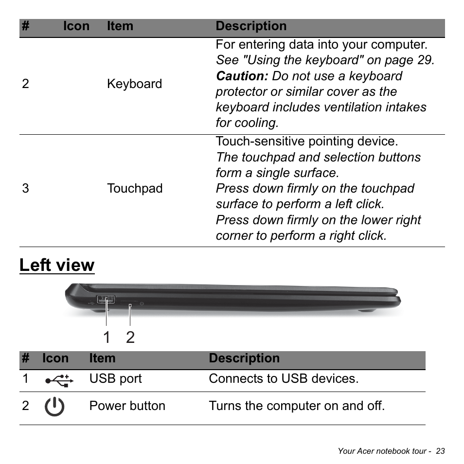 Left view | Acer Aspire V7-581 User Manual | Page 23 / 109
