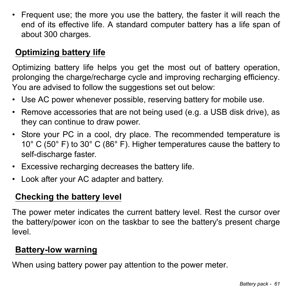 Optimizing battery life, Checking the battery level, Battery-low warning | Acer Aspire V7-581 User Manual | Page 61 / 109