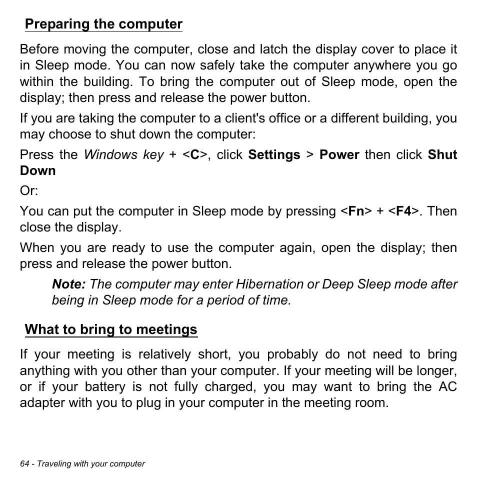 Preparing the computer, What to bring to meetings, Preparing the computer what to bring to meetings | Acer Aspire V7-581 User Manual | Page 64 / 109