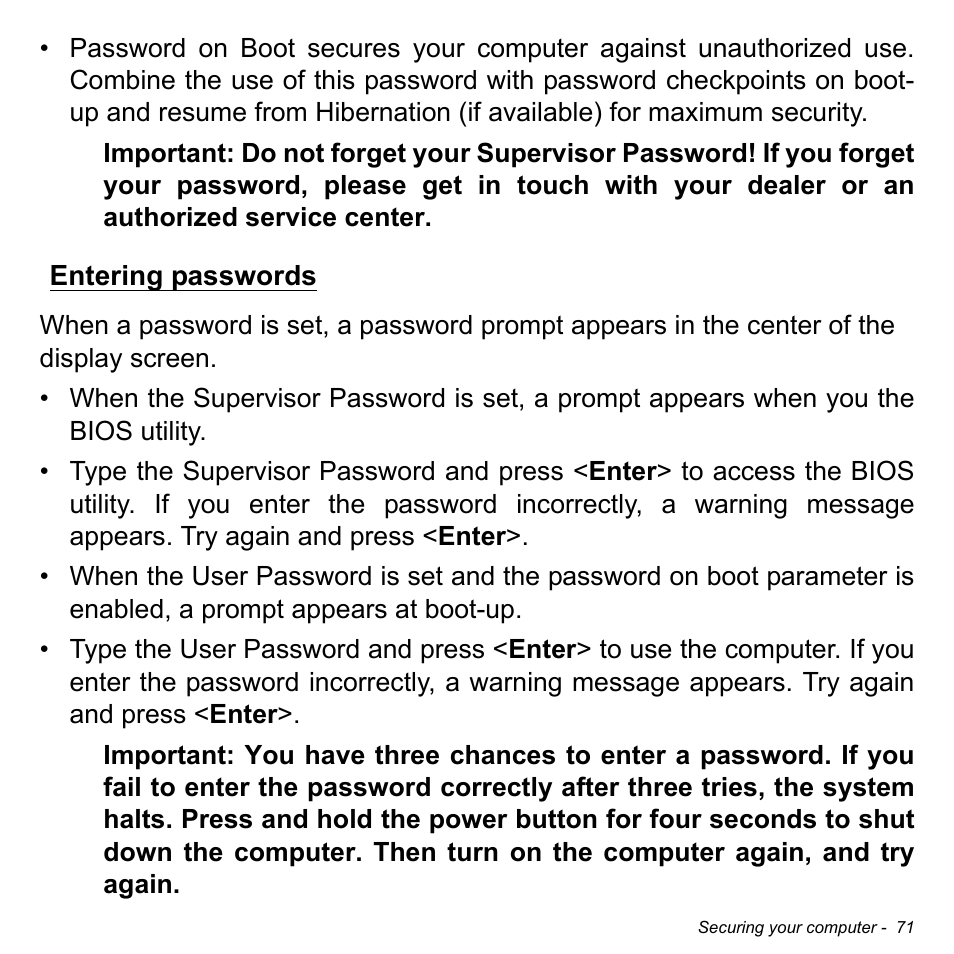 Entering passwords | Acer Aspire V7-581 User Manual | Page 71 / 109