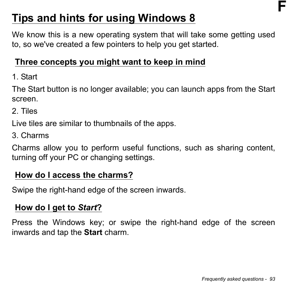 Tips and hints for using windows 8, Three concepts you might want to keep in mind, How do i access the charms | How do i get to start | Acer Aspire V7-581 User Manual | Page 93 / 109