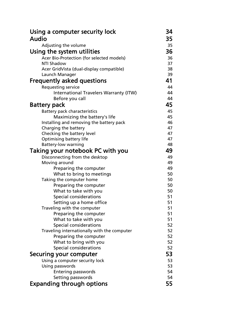 Using a computer security lock 34 audio 35, Using the system utilities 36, Frequently asked questions 41 | Battery pack 45, Securing your computer 53, Expanding through options 55 | Acer TravelMate 7720 User Manual | Page 18 / 100
