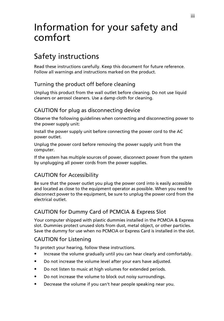 Information for your safety and comfort, Safety instructions | Acer TravelMate 7720 User Manual | Page 3 / 100