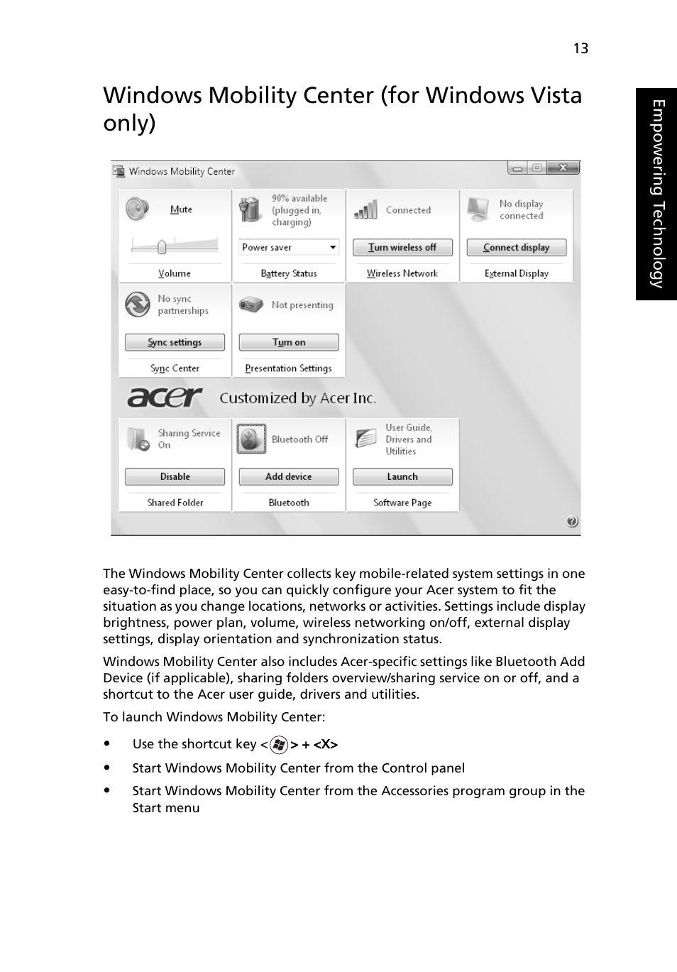 Windows mobility center (for windows vista only) | Acer TravelMate 7720 User Manual | Page 33 / 100