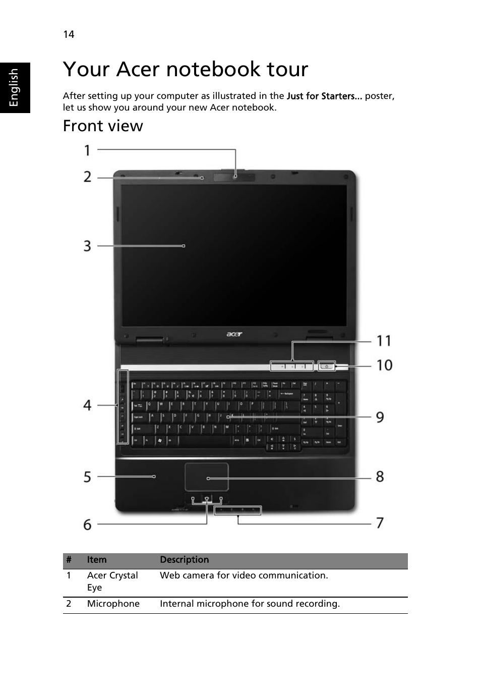 Your acer notebook tour, Front view | Acer TravelMate 7720 User Manual | Page 34 / 100