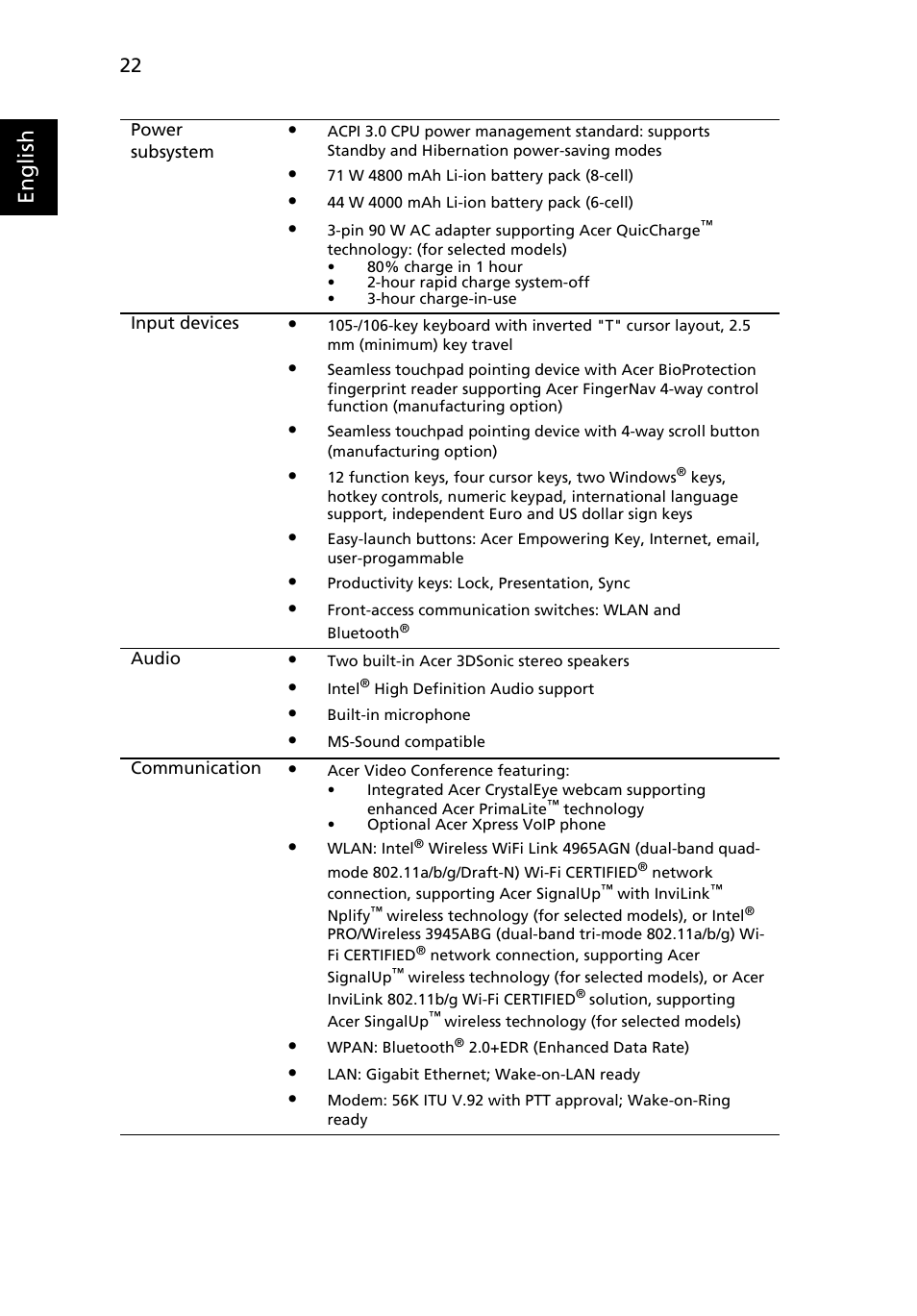 English | Acer TravelMate 7720 User Manual | Page 42 / 100