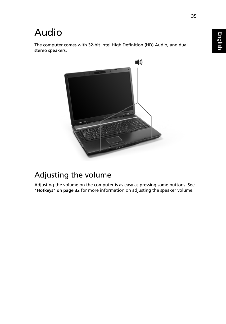 Audio, Adjusting the volume | Acer TravelMate 7720 User Manual | Page 55 / 100