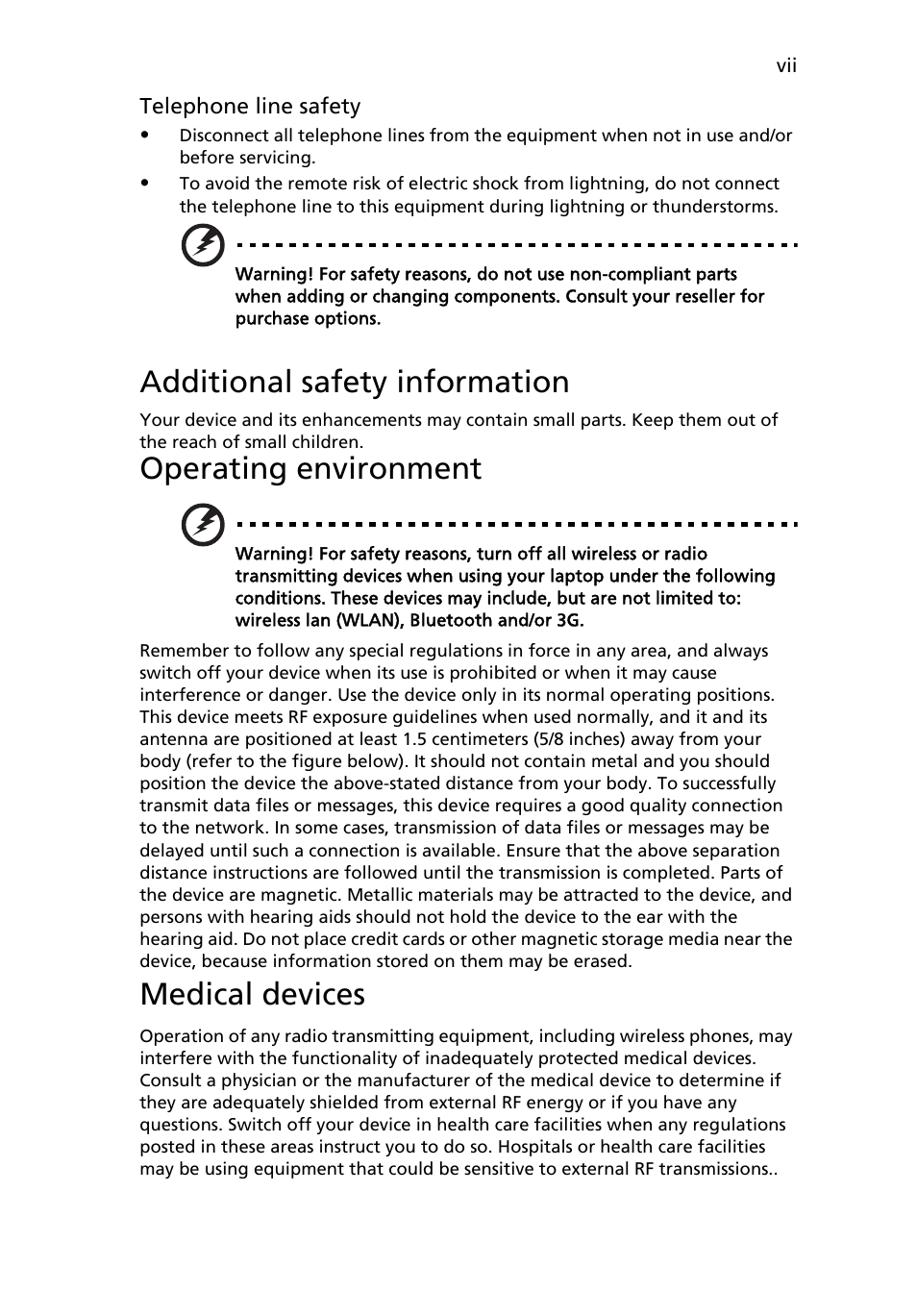 Additional safety information, Operating environment, Medical devices | Acer TravelMate 7720 User Manual | Page 7 / 100