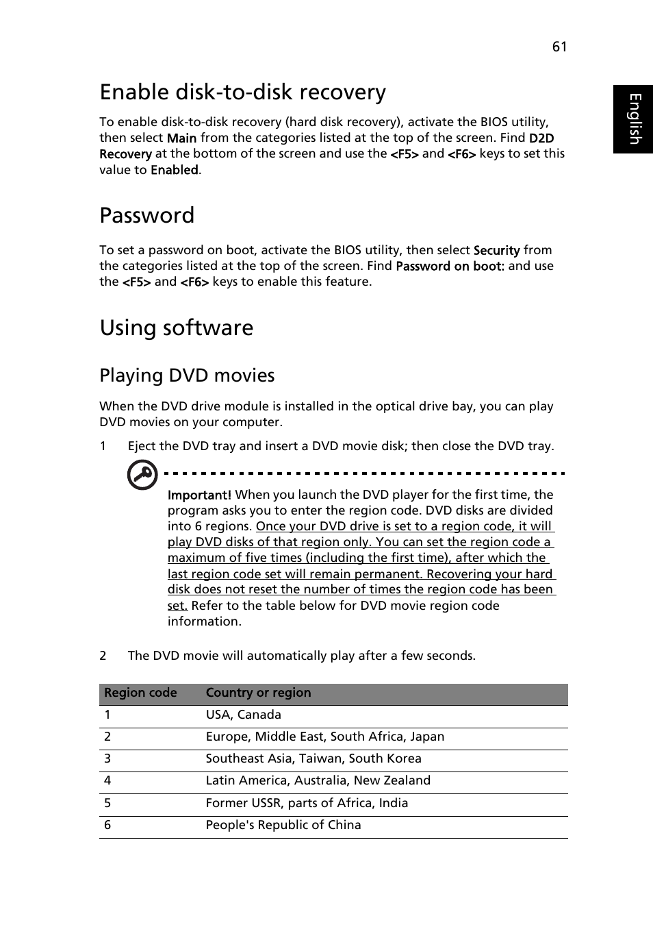 Using software, Enable disk-to-disk recovery, Password | Playing dvd movies | Acer TravelMate 7720 User Manual | Page 81 / 100