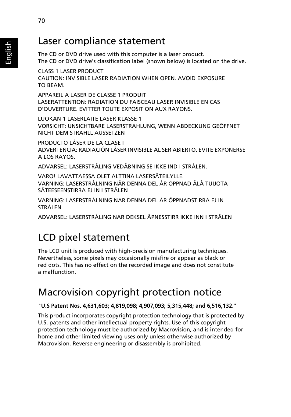 Laser compliance statement, Lcd pixel statement, Macrovision copyright protection notice | Acer TravelMate 7720 User Manual | Page 90 / 100