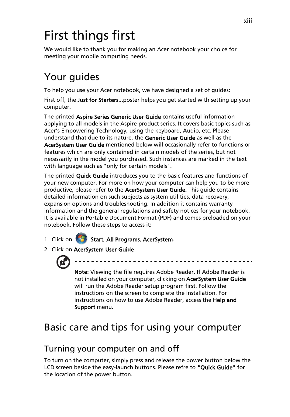 First things first, Your guides, Basic care and tips for using your computer | Turning your computer on and off | Acer Aspire 7230 User Manual | Page 13 / 103