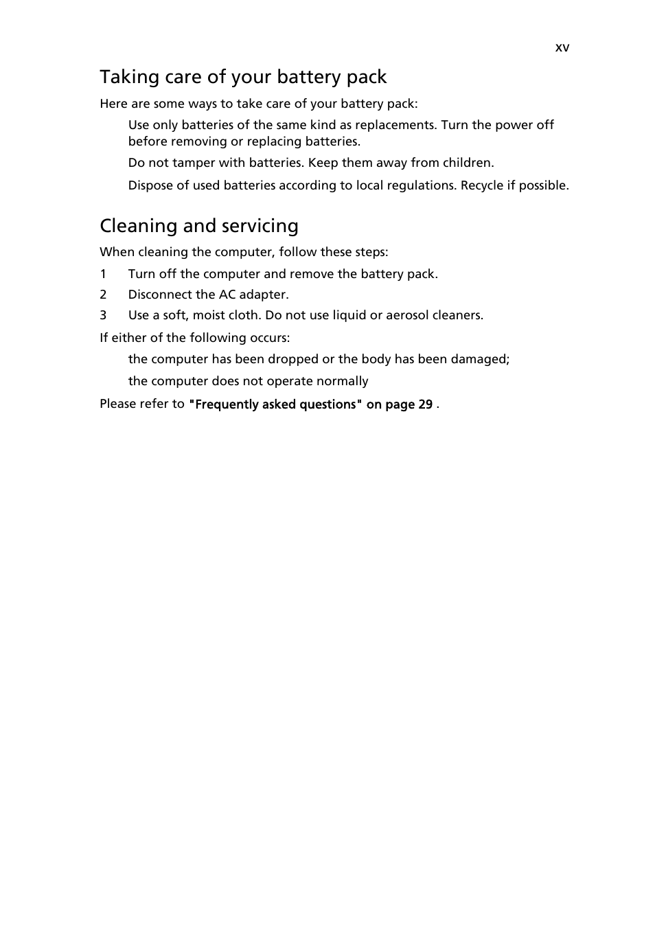Taking care of your battery pack, Cleaning and servicing | Acer Aspire 7230 User Manual | Page 15 / 103