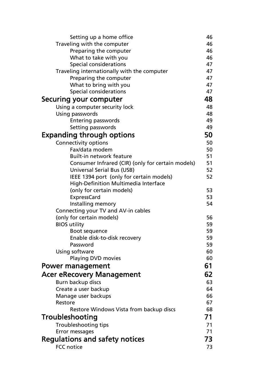 Securing your computer 48, Expanding through options 50, Power management 61 acer erecovery management 62 | Troubleshooting 71, Regulations and safety notices 73 | Acer Aspire 7230 User Manual | Page 19 / 103
