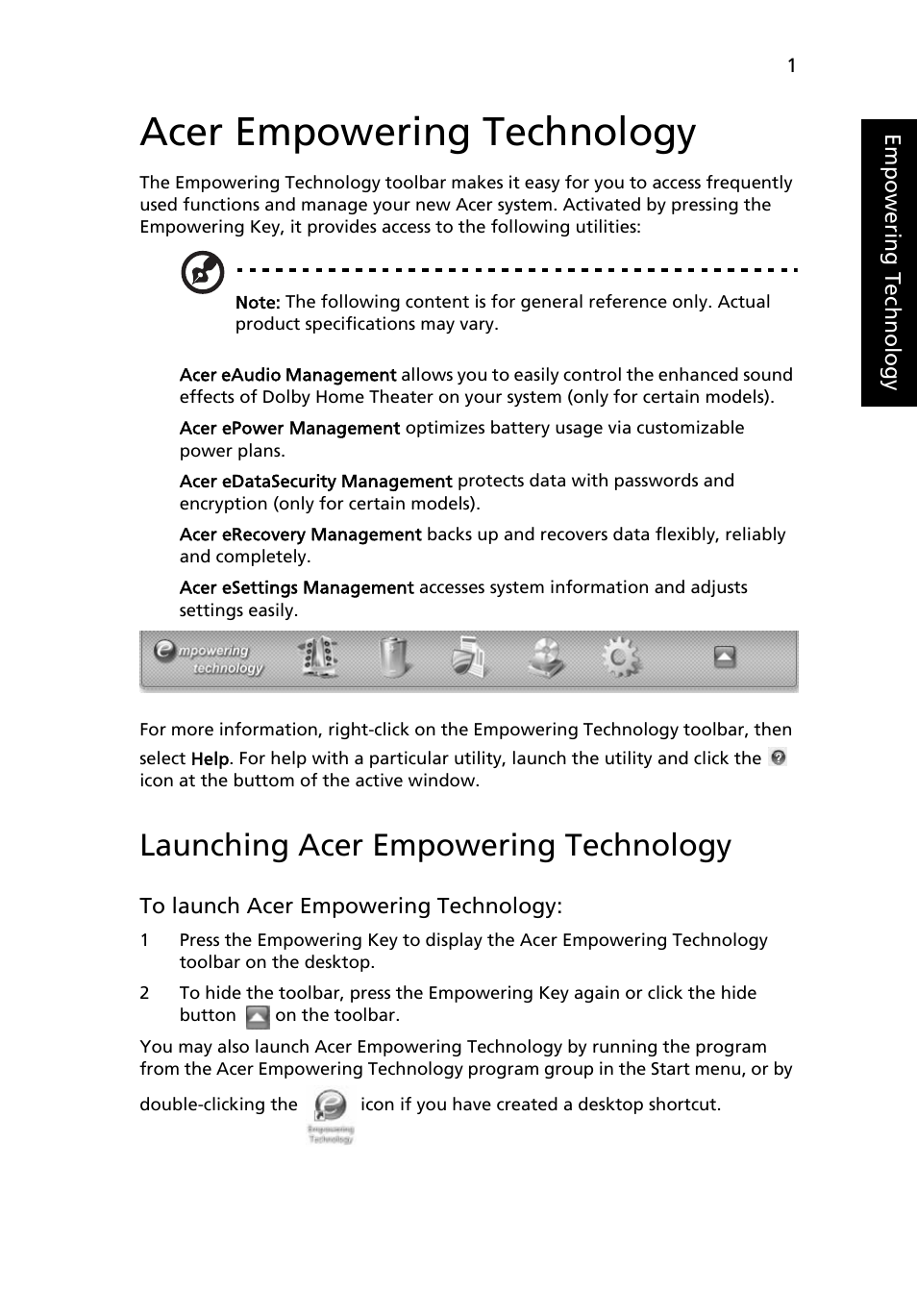 Acer empowering technology, Launching acer empowering technology | Acer Aspire 7230 User Manual | Page 21 / 103