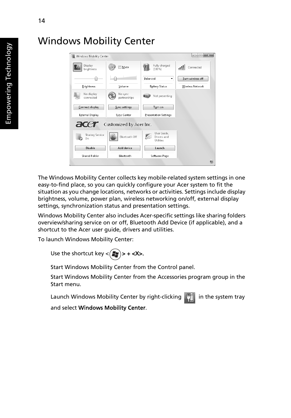 Windows mobility center | Acer Aspire 7230 User Manual | Page 34 / 103